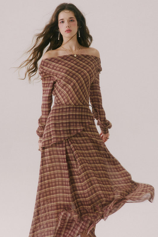 French Off-Shoulder Plaid Long Dress