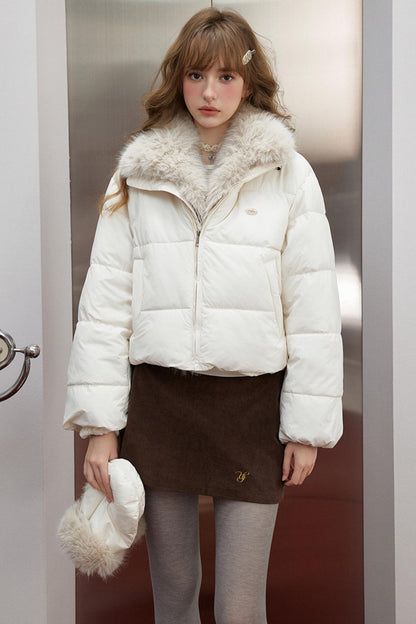 Korean Off-White Fur Collar Puffer Jacket