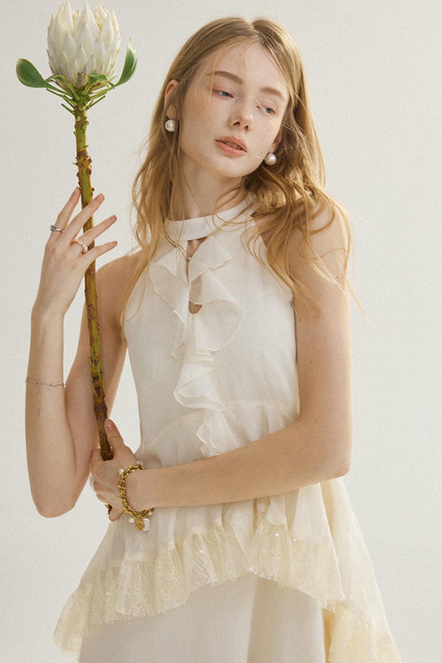Aria French Vintage Ruffled Halterneck Maxi Dress