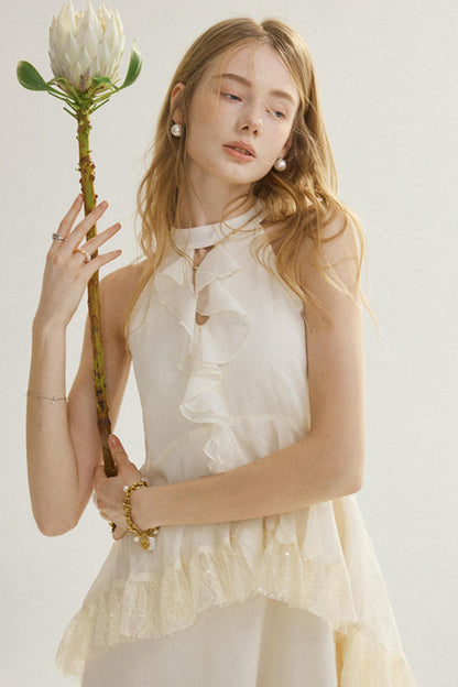 Aria French Vintage Ruffled Halterneck Maxi Dress