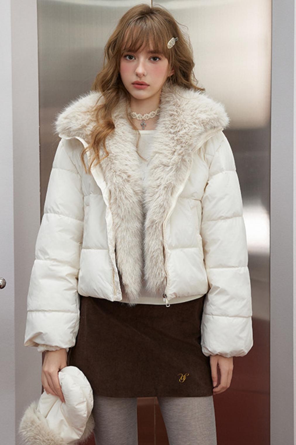 Korean Off-White Fur Collar Puffer Jacket