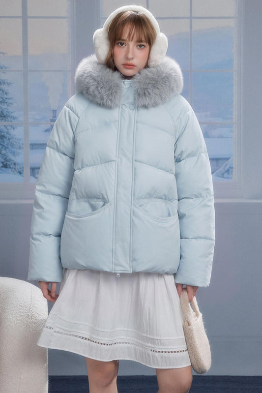 Preppy Blue Hooded Puffer Jacket