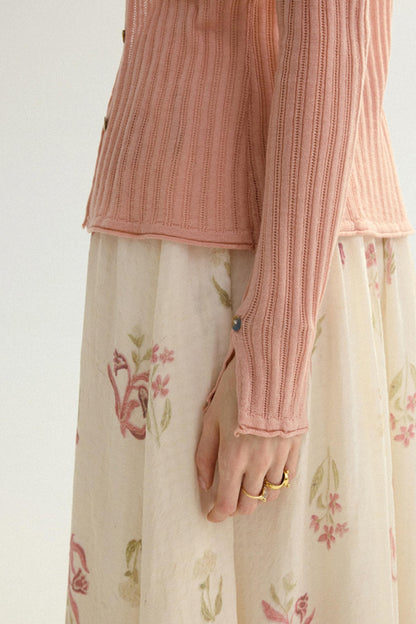 Aria French Vintage Ribbed V-Neck Knit Cardigan