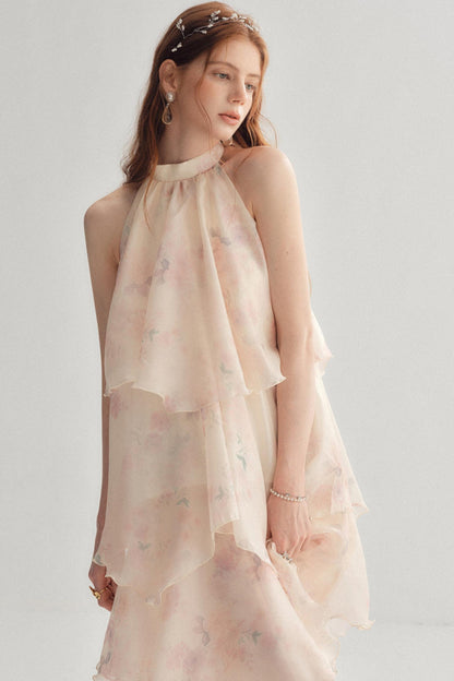 French Floral Tiered Halter Maxi Dress