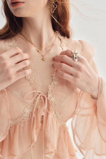 Pink Silk Lace-Up Crop Cardigan & Bralette Two-Piece Set