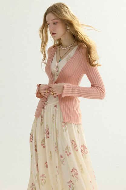 Aria French Vintage Ribbed V-Neck Knit Cardigan