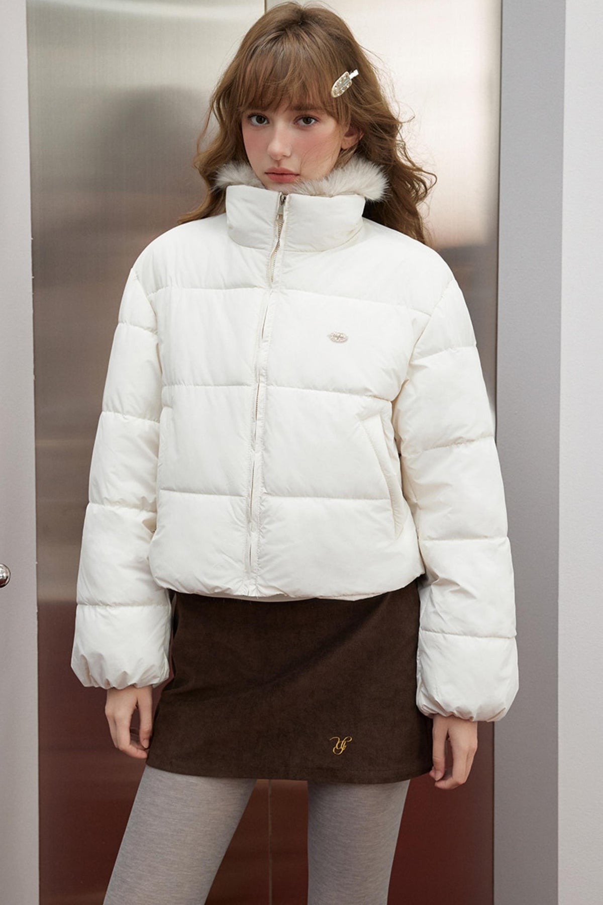 Korean Off-White Fur Collar Puffer Jacket