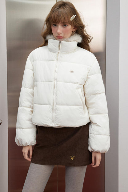 Korean Off-White Fur Collar Puffer Jacket