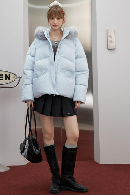 Preppy Blue Hooded Puffer Jacket