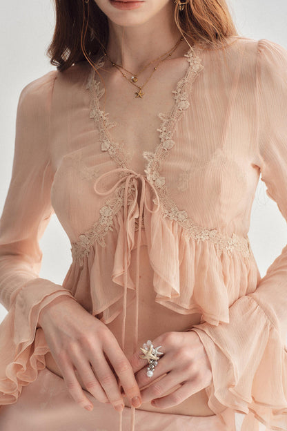 Pink Silk Lace-Up Crop Cardigan & Bralette Two-Piece Set