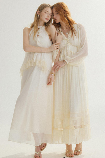 Aria French Vintage Ruffled Halterneck Maxi Dress