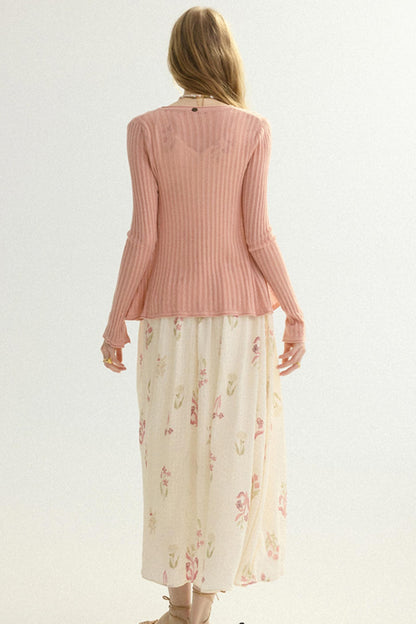 Aria French Vintage Ribbed V-Neck Knit Cardigan