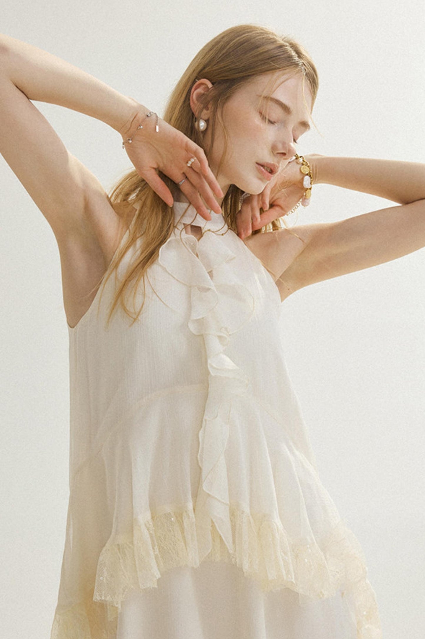 Aria French Vintage Ruffled Halterneck Maxi Dress