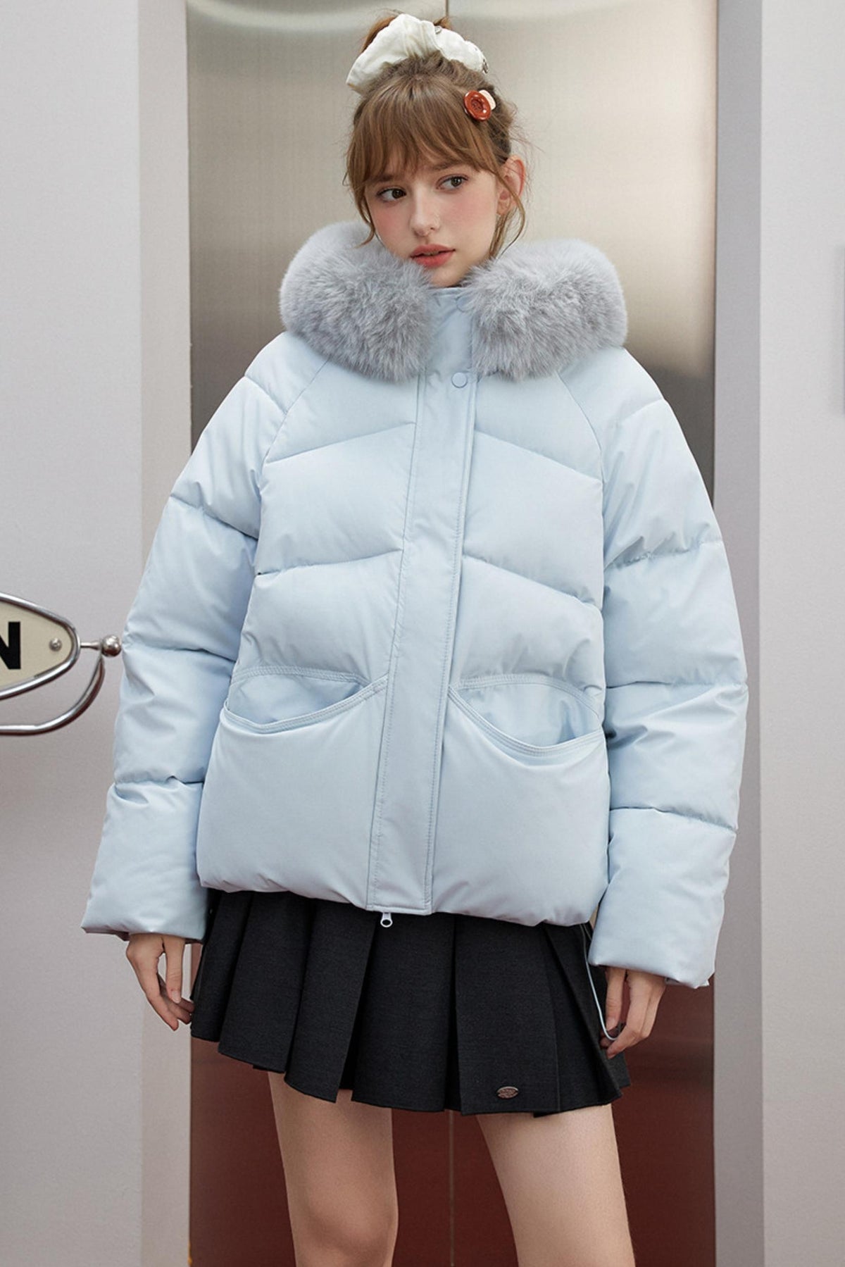 Preppy Blue Hooded Puffer Jacket