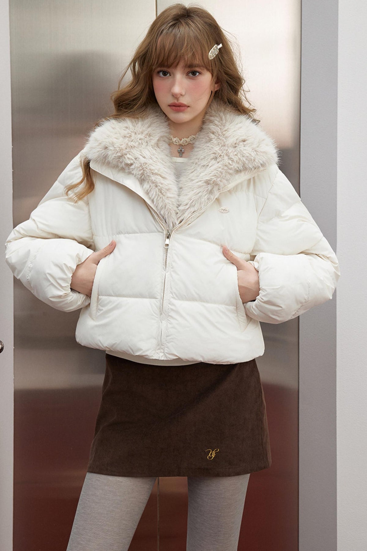 Korean Off-White Fur Collar Puffer Jacket