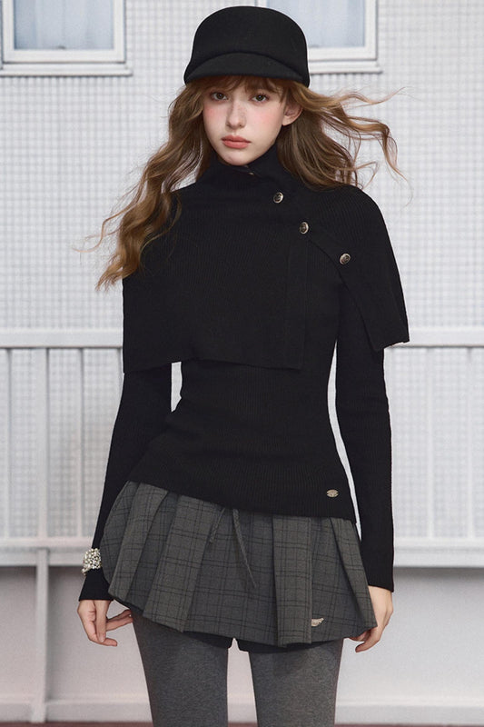 Black Cape High Neck Knit Sweater