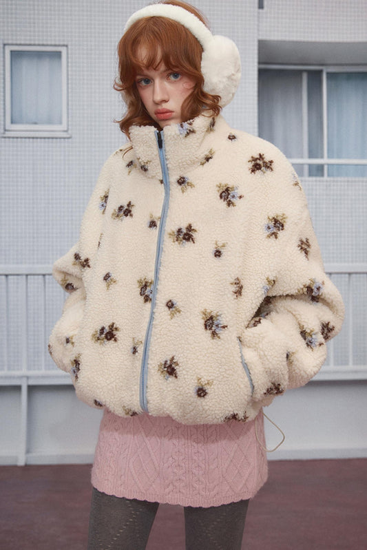 Korean Floral Faux Lambswool Fleece Jacket