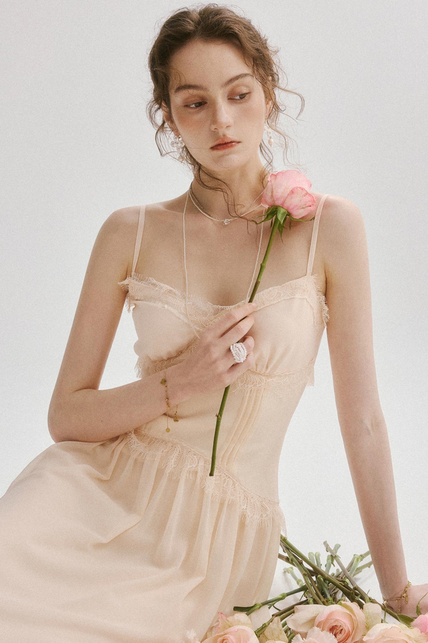Elodie French Vintage Lace Trim Cami Maxi Dress