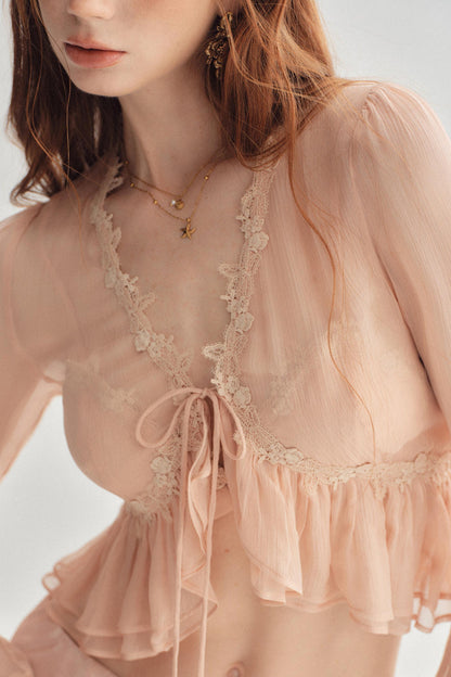 Pink Silk Lace-Up Crop Cardigan & Bralette Two-Piece Set