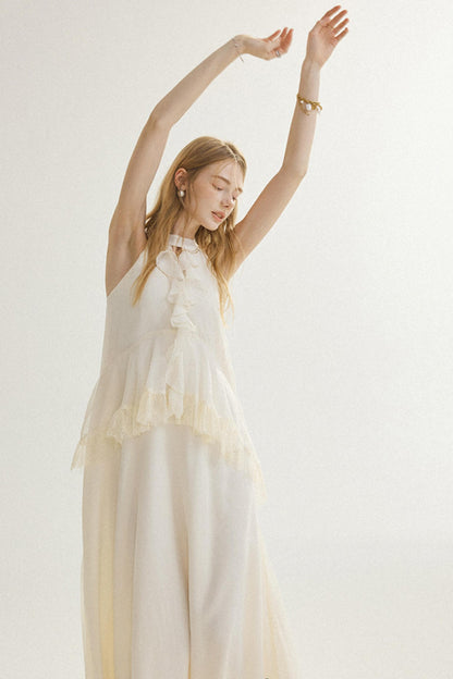 Aria French Vintage Ruffled Halterneck Maxi Dress