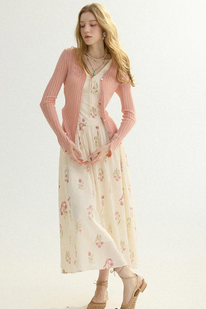 Aria French Vintage Ribbed V-Neck Knit Cardigan