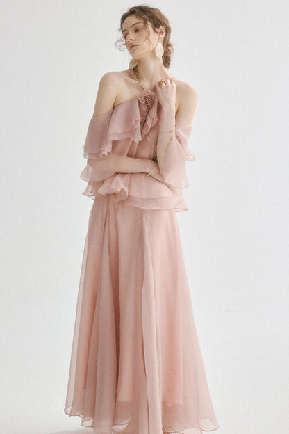 Aria French Vintage Two-Piece Halter Top & Maxi Skirt Co-Ords