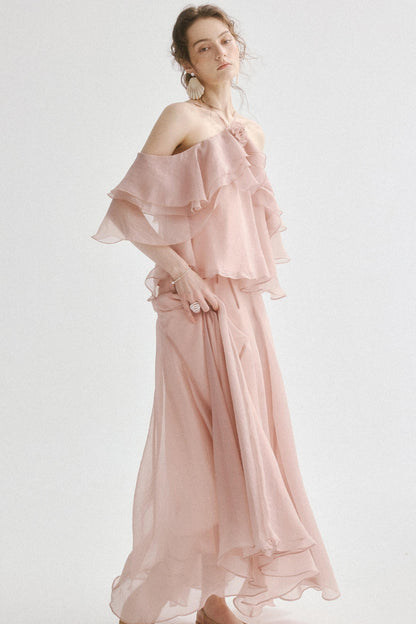 Aria French Vintage Two-Piece Halter Top & Maxi Skirt Co-Ords