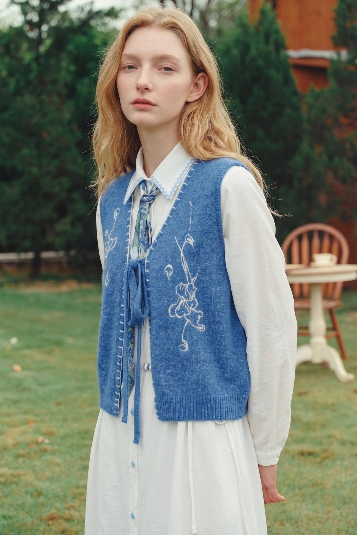 A young woman standing outdoors in a grassy yard wearing a blue knit vest over a white dress and blouse.