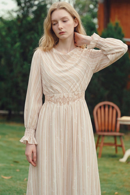 Van Gogh Letter Stripe Print Embroidered High-Waisted Dress