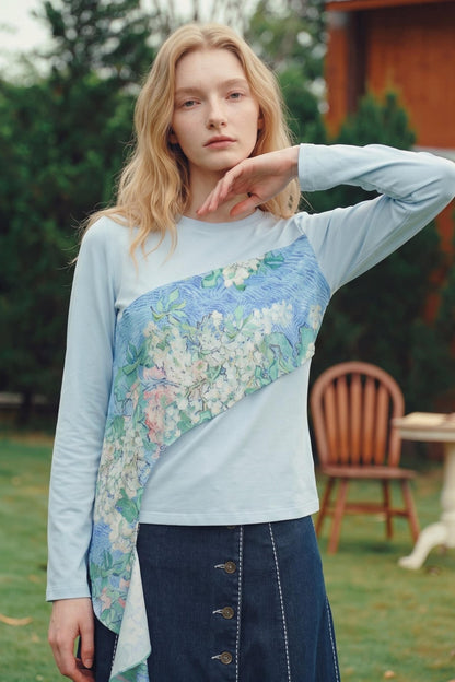 Van Gogh Blossom Print Asymmetrical Patchwork Long-Sleeve T-Shirt