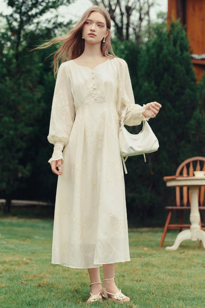 Palace Style Embroidered Lantern Sleeve Midi Dress