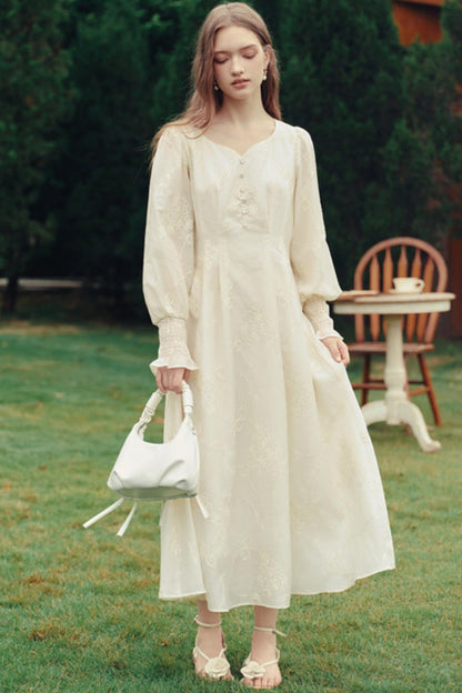 Palace Style Embroidered Lantern Sleeve Midi Dress