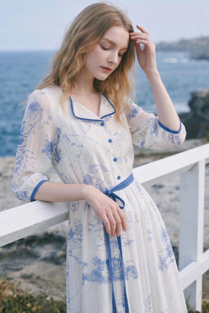 Vintage Printed Chiffon Tie-Strap Long Dress