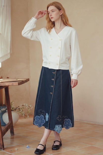 Double-Breasted V-Neck Loose Top