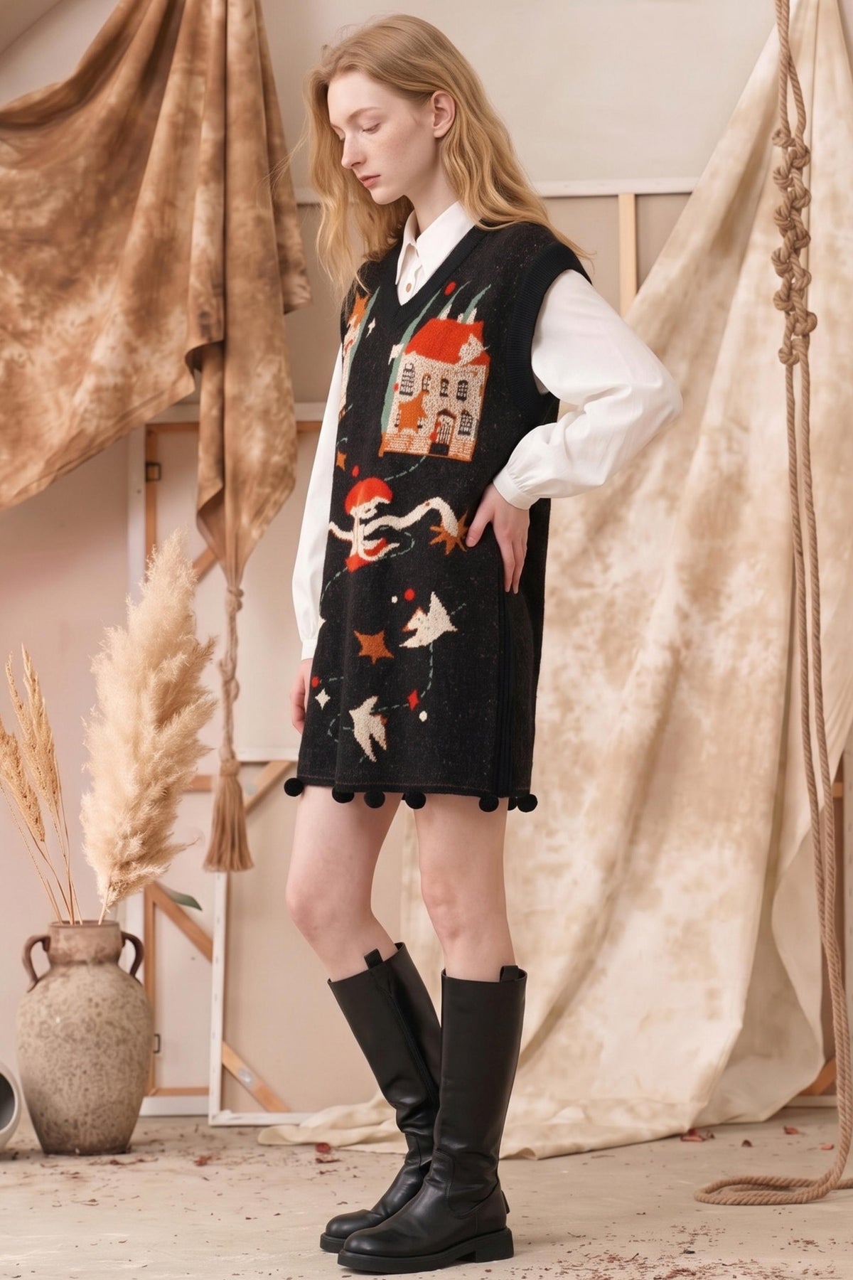 A woman models a black knit sweater vest with a whimsical winter scene print, layered over a white collared shirt and paired with black knee-high boots, set against a rustic backdrop of beige fabric drapes.