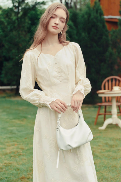 Palace Style Embroidered Lantern Sleeve Midi Dress