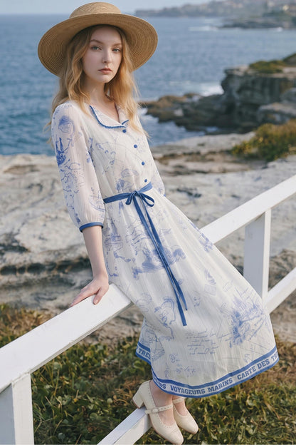 Vintage Printed Chiffon Tie-Strap Long Dress