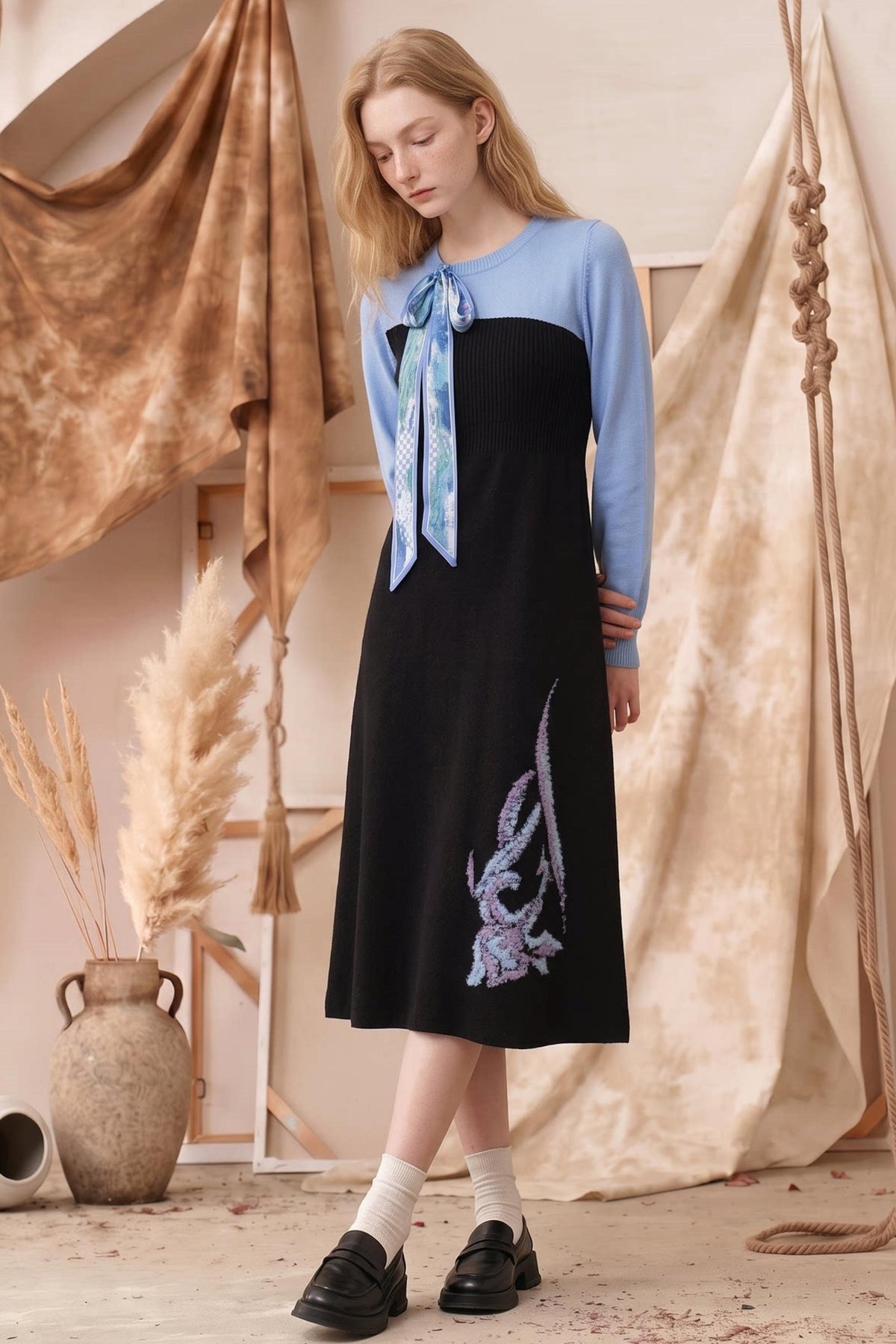 Monet Series Color-Block Towel Embroidery Dress