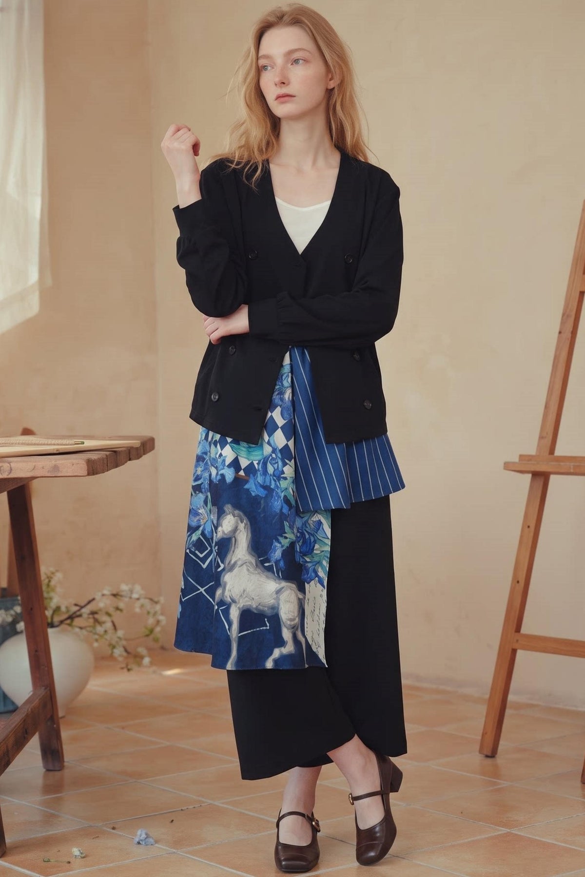 A woman stands indoors wearing a black double-breasted blazer over a white top, paired with a long black skirt featuring blue and white horse and floral prints, plus blue striped fabric at the front. She is posed in a warm neutral room with wooden furniture and an easel.