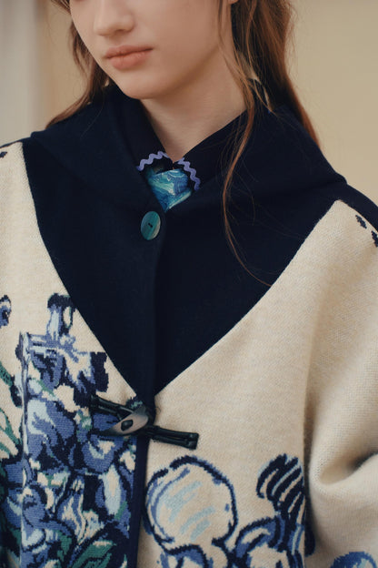 Van Gogh Art Reversible Jacquard Hooded Cape Coat