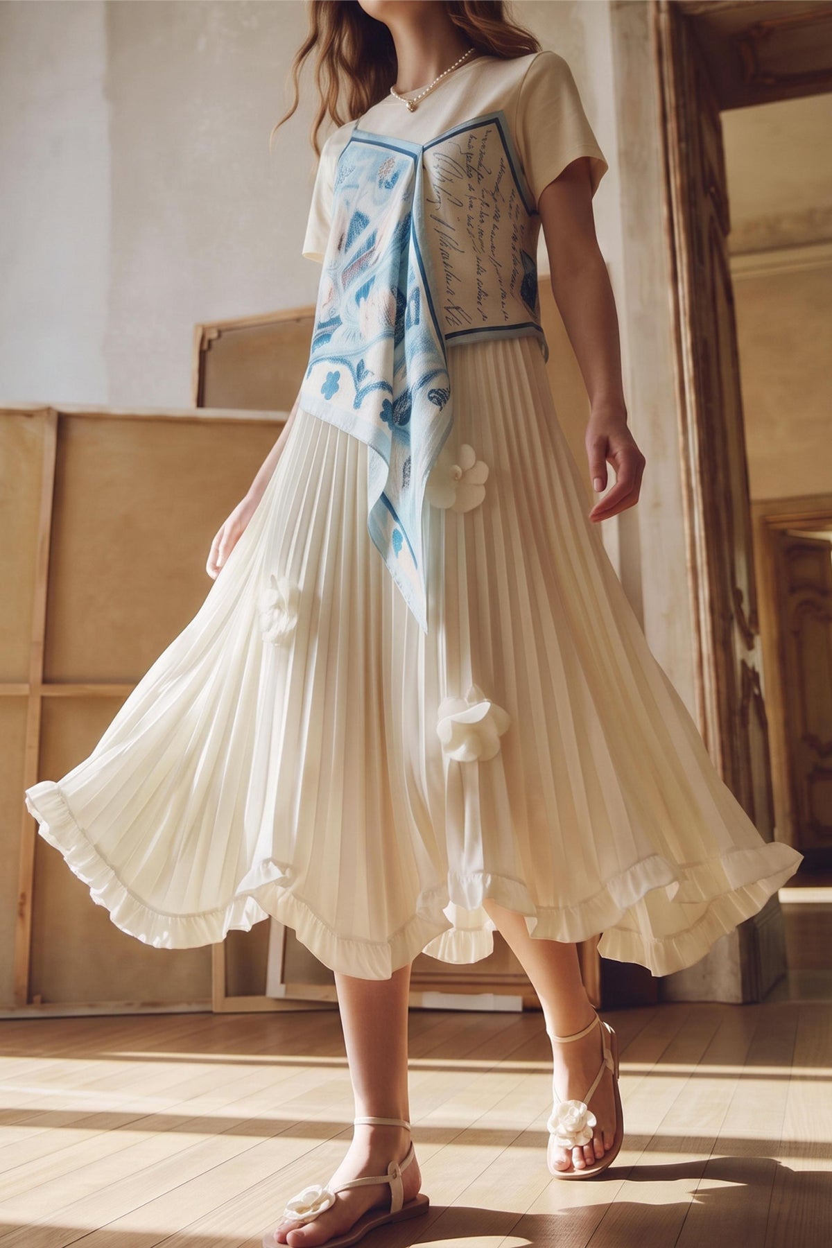 A woman wearing a cream-colored pleated midi dress with a decorative blue and white printed bodice panel, styled with white sandals in a sunlit room.