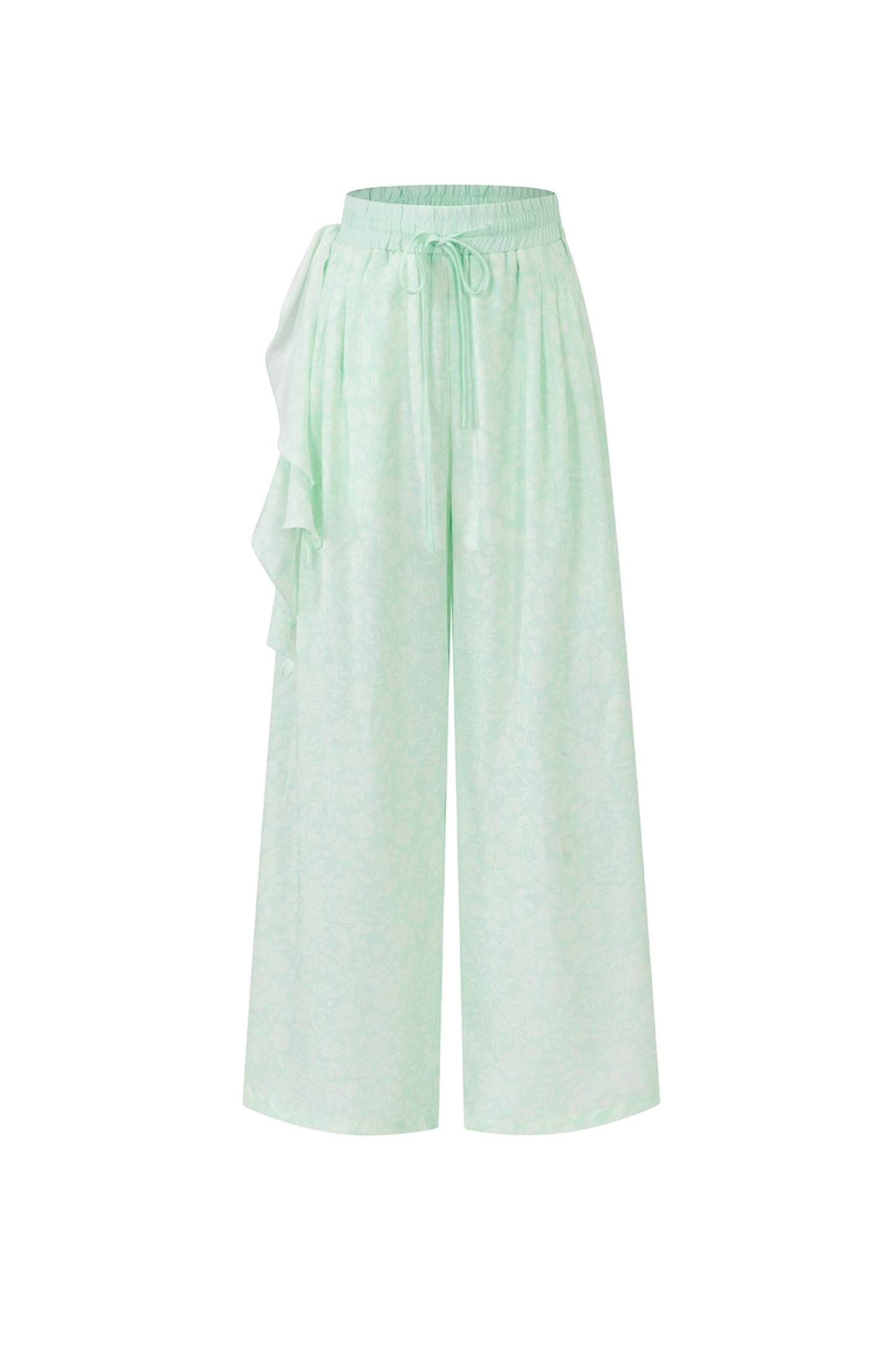 Light mint green wide-leg pants with a drawstring waist and side ruffle detail, shown against a plain white background.