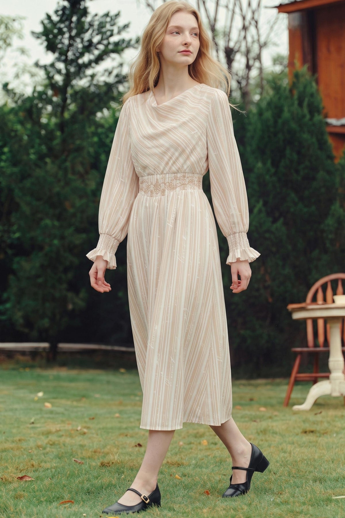 Van Gogh Letter Stripe Print Embroidered High-Waisted Dress