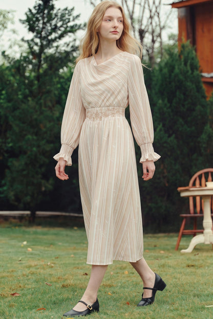 Van Gogh Letter Stripe Print Embroidered High-Waisted Dress