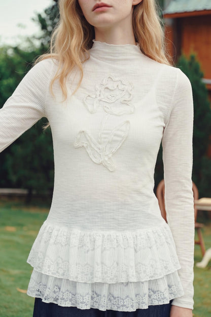 Van Gogh 3D Floral Appliqué Lace Hem Knitwear