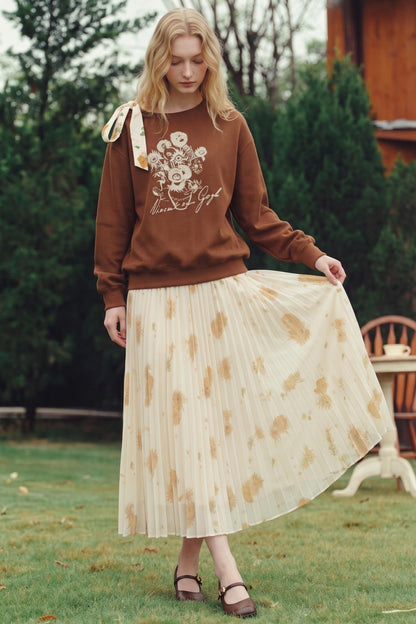 Van Gogh Sunflowers Foil-Stamped Pleated Midi Skirt