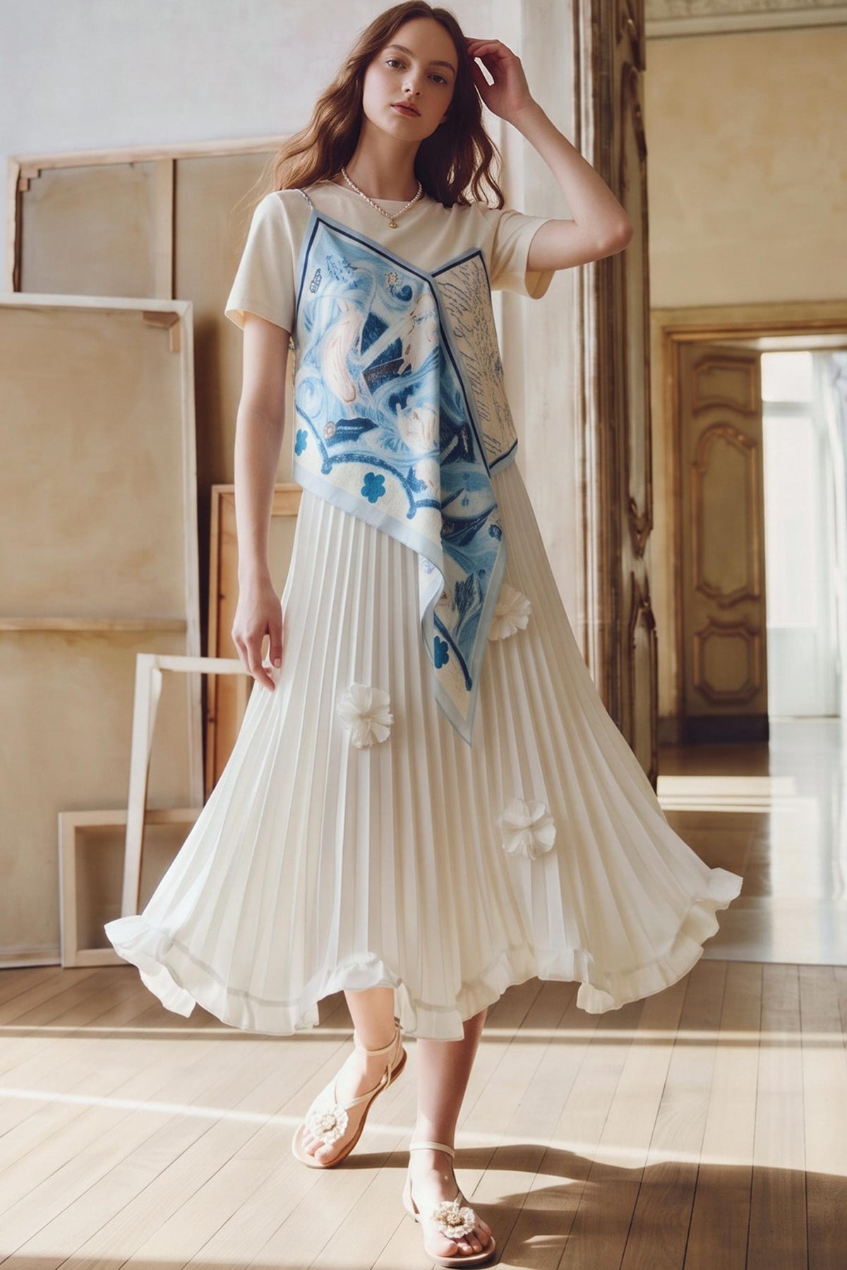 3D Floral Pleated Ruffle Maxi Skirt