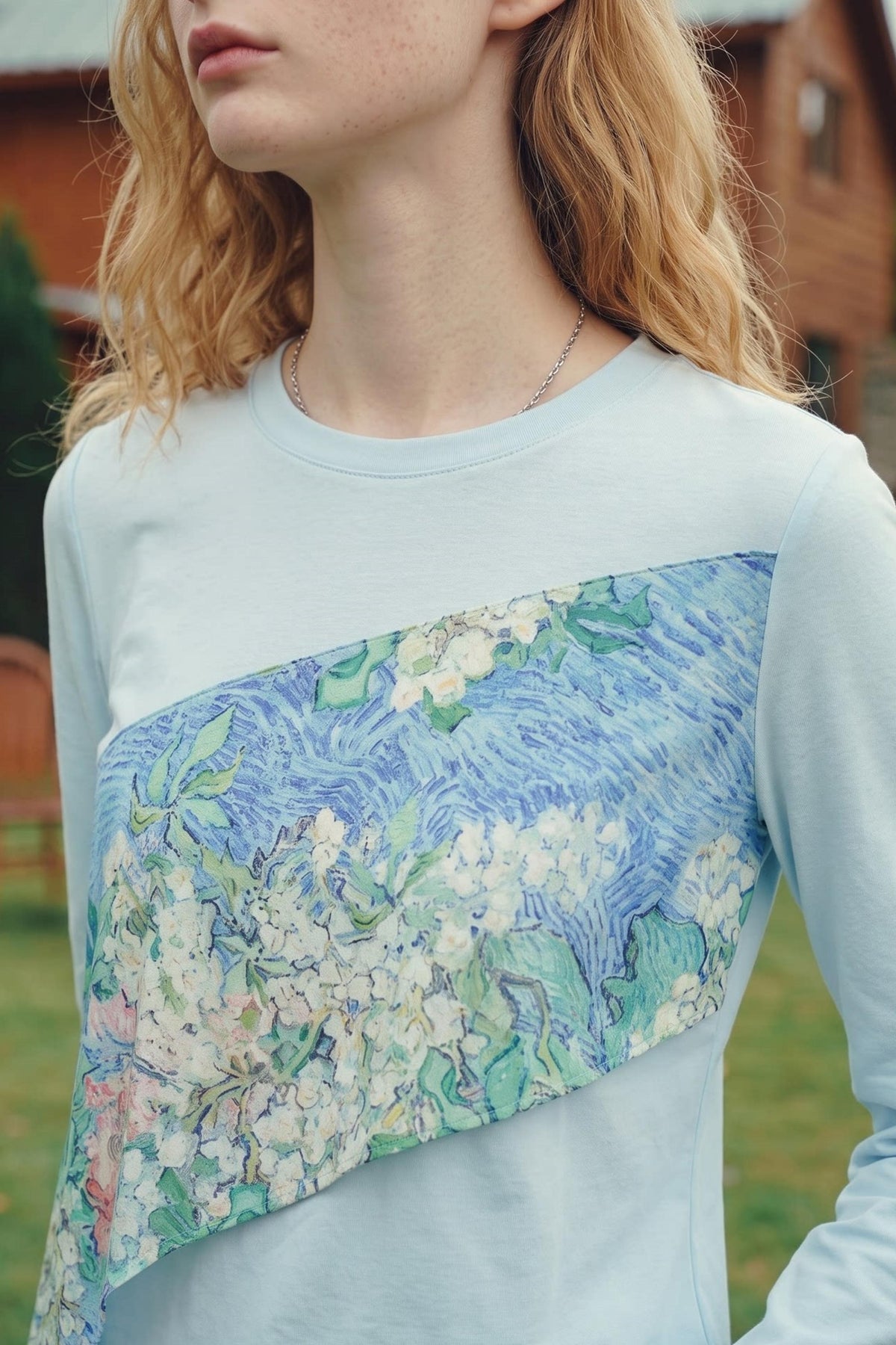 Van Gogh Blossom Print Asymmetrical Patchwork Long-Sleeve T-Shirt