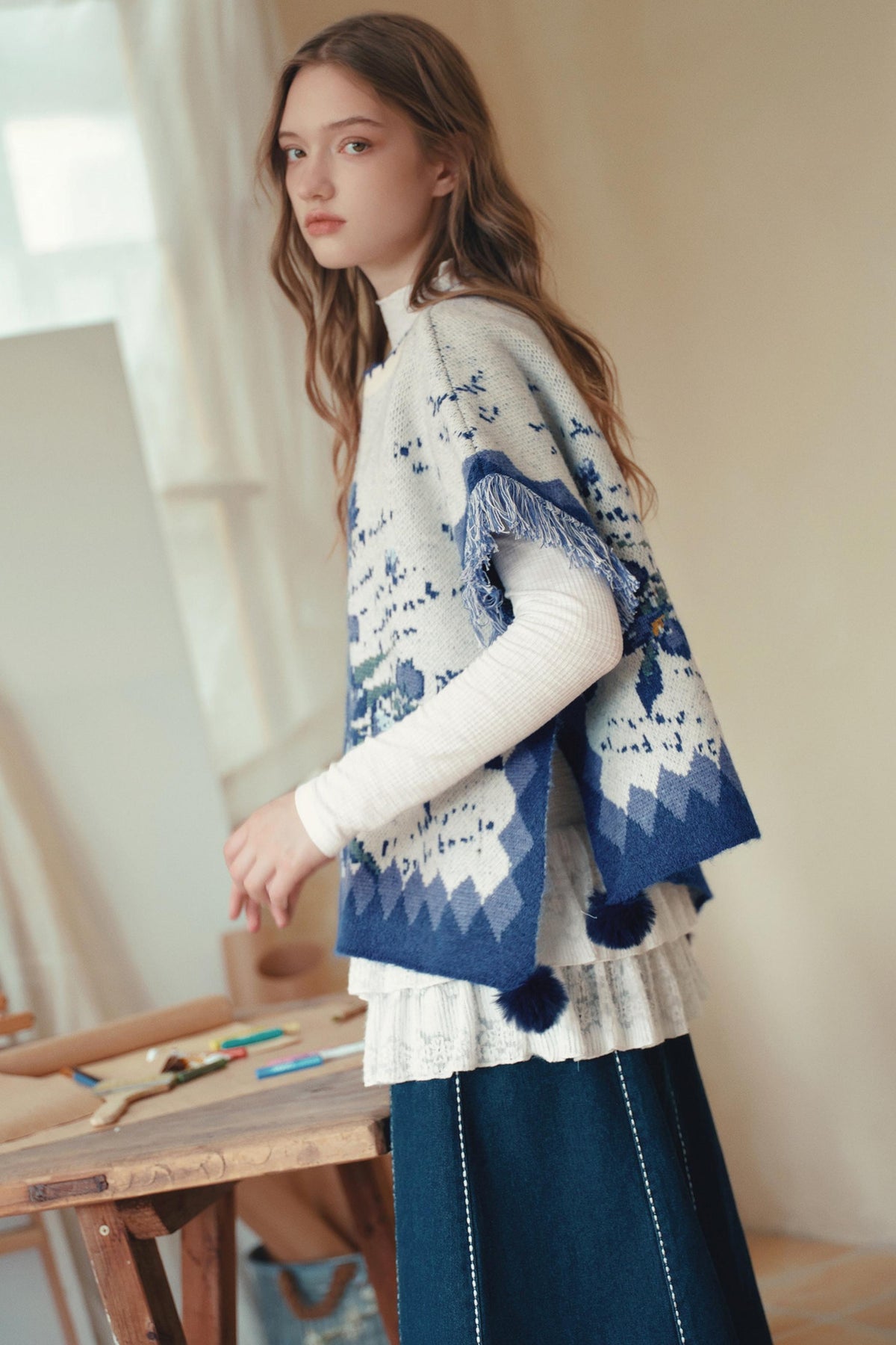 Van Gogh Art Jacquard Fringe Pom-Pom Hem Sweater