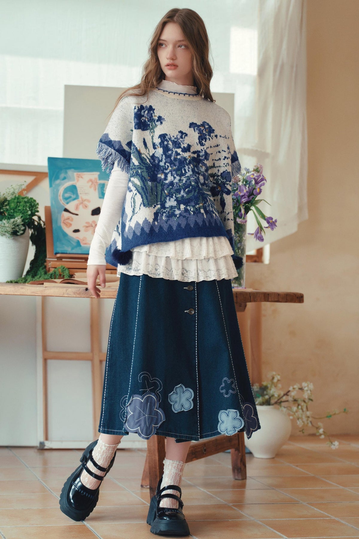 Van Gogh Art Jacquard Fringe Pom-Pom Hem Sweater